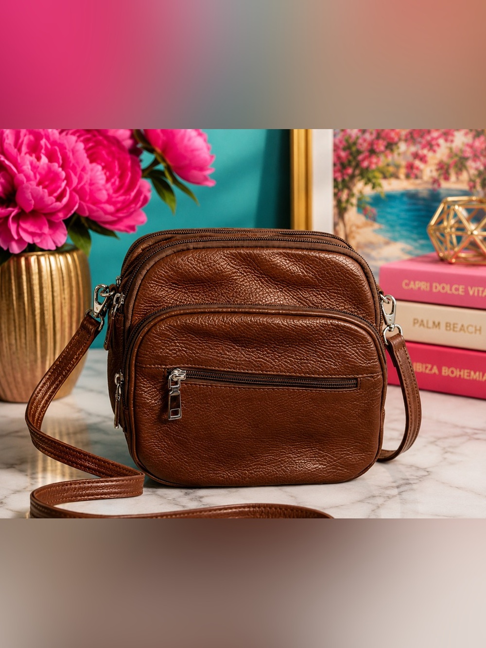 Brown Pebbled Leather Crossbody Purse | Multi Zip Organizer Travel Bag
